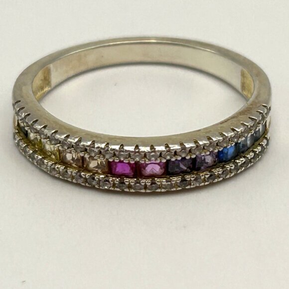 Sterling Silver Multi-Gem Eternity Band Ring Ruby Emerald Aqua Diamond Size 8.25 - Picture 7 of 9